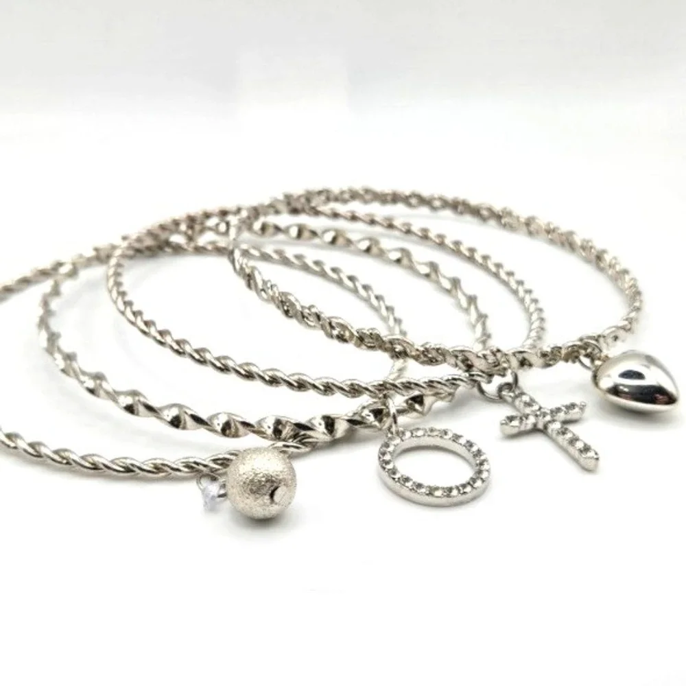 Silver Tone Twisted Bangle Set Charm Bracelets Ball‎ Cross Heart Circle 9 inches
